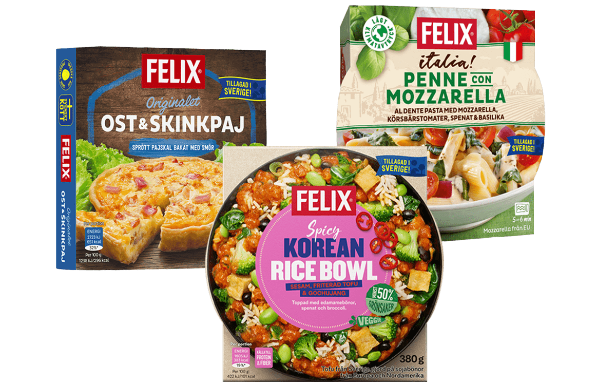 Felix färdigrätter, ost- och skinkpaj. korean rice bowl, Felix Italia Penne och mozarellla