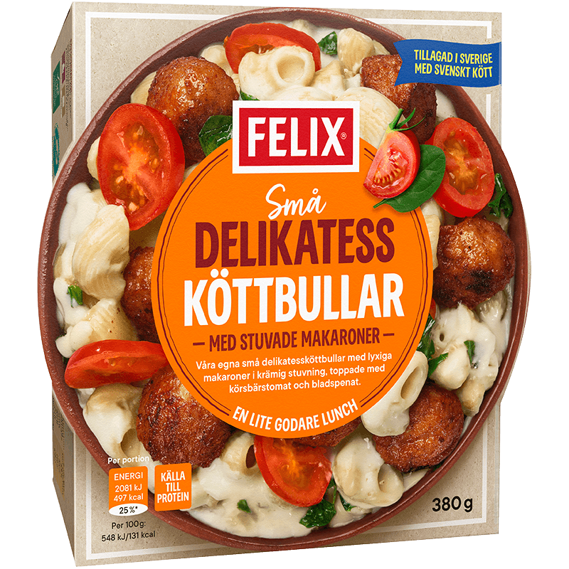 FELIX Delikatessköttbullar med stuvade makaroner - fryst färdigrätt från Felix